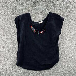 Roamans Women Top Large Black 100% Cotton Pullover Short Sleeveless Beaded Shirt